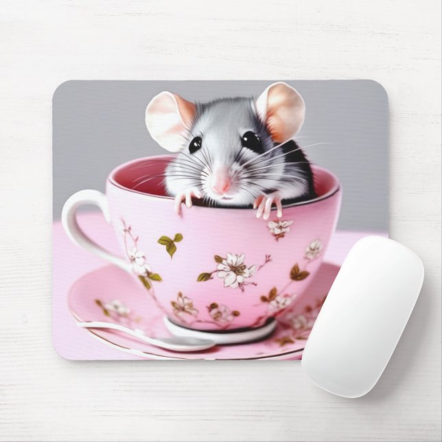 Gray Mouse In Teacup Mouse Pad (With Mouse)