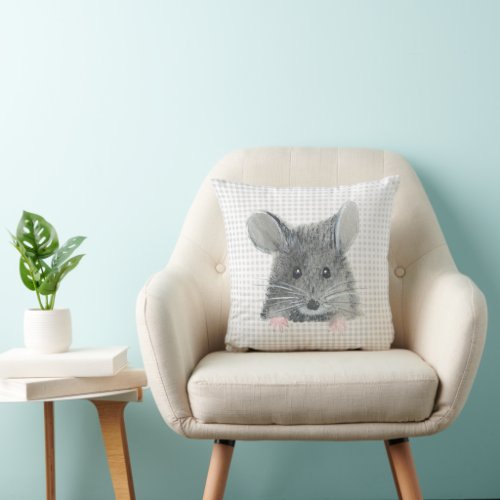 Gray Mouse on Gingham Throw Pillow