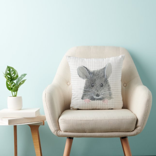 Gray Mouse on Gingham Throw Pillow (Chair)