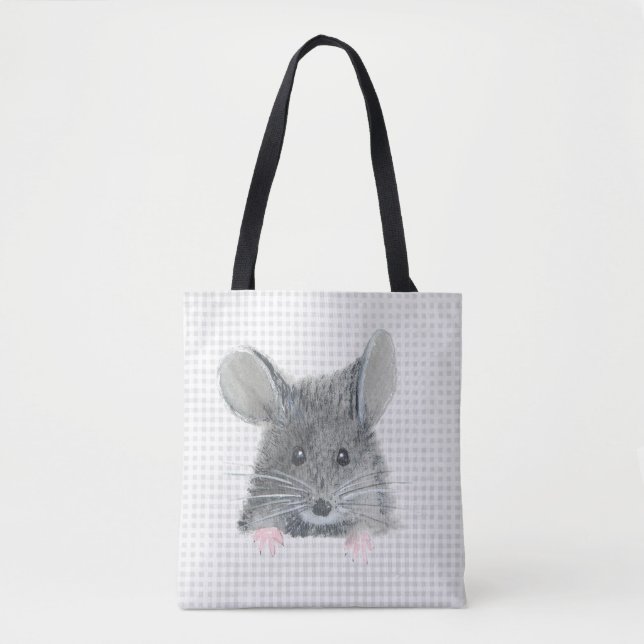 Gray Mouse on Gingham Tote Bag (Front)