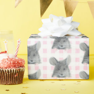 Gray Mouse on Gingham Wrapping Paper