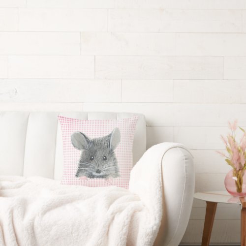 Gray Mouse on Pink Gingham Throw Pillow