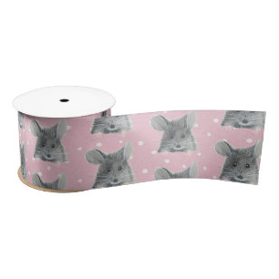 Gray Mouse on Polka Dots Satin Ribbon