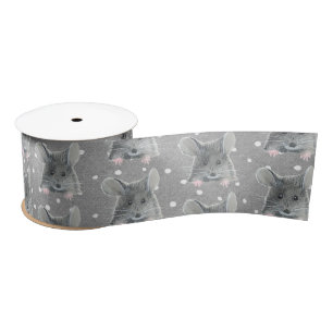 Gray Mouse on Polka Dots Satin Ribbon