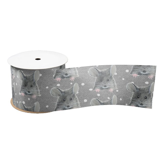 Gray Mouse on Polka Dots Satin Ribbon (Spool)