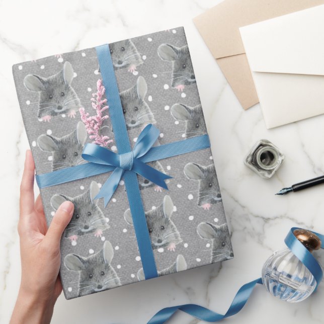 Gray Mouse on Polka Dots  Wrapping Paper (Gifting)