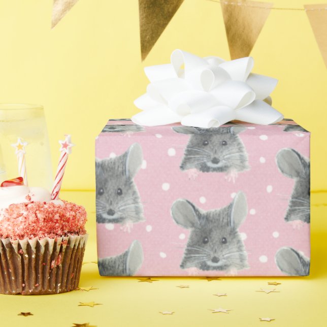 Gray Mouse on Polka Dots Wrapping Paper (Birthday Party)