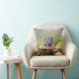 Gray Mouse On Toadstool Throw Pillow