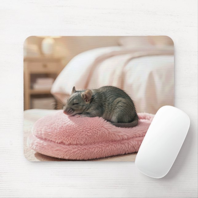 Gray Mouse Sleeping on a Pink Slipper Pad (With Mouse)