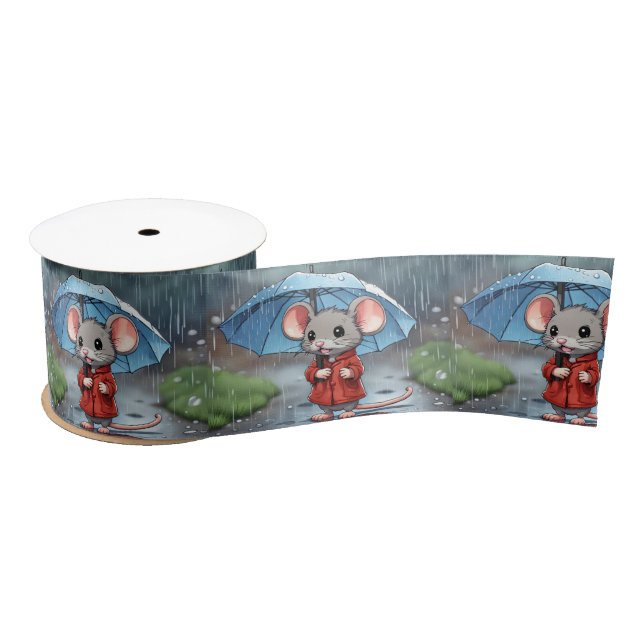 Gray Mouse Under Umbrella Satin Ribbon (Spool)