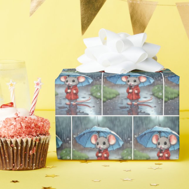 Gray Mouse Under Umbrella Wrapping Paper (Birthday Party)