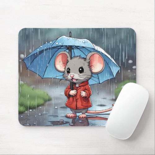 Gray Mouse With Umbrella In Rain Mouse Pad