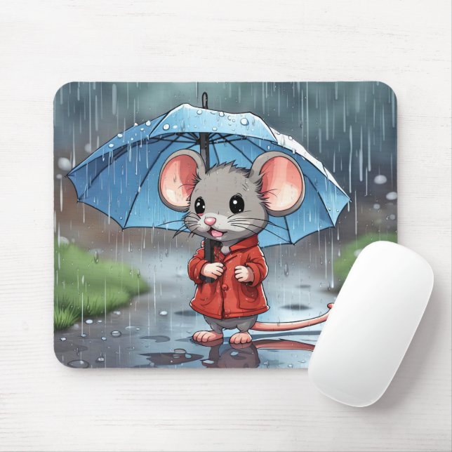 Gray Mouse With Umbrella In Rain Mouse Pad (With Mouse)