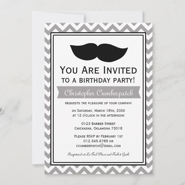 Gray Moustache Chevron Birthday Party Invitation (Front)