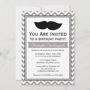 Gray Moustache Chevron Birthday Party Invitation