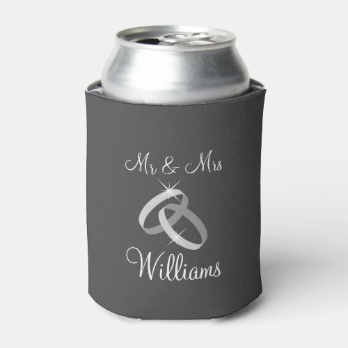 Gray Mr and Mrs can coolers with wedding rings