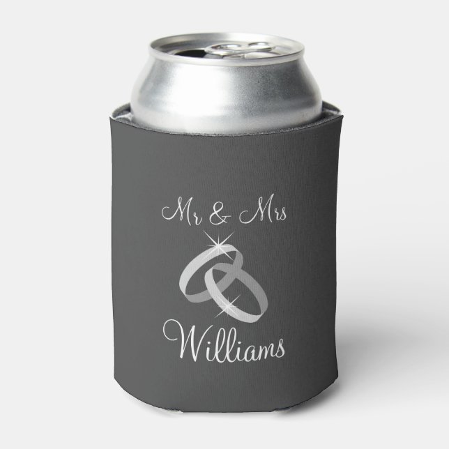 Gray Mr and Mrs can coolers with wedding rings (Can Front)