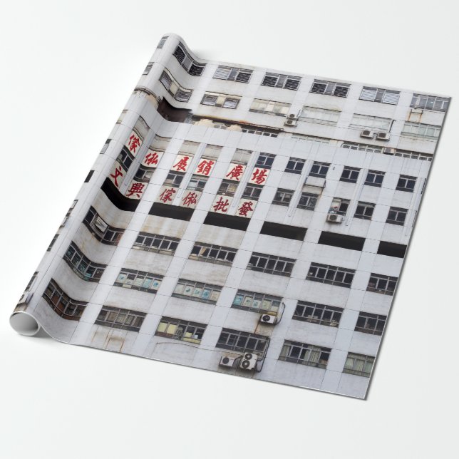 GRAY MULTISTORY BUILDING WITH RED ORIENTAL SCRIPT  WRAPPING PAPER (Unrolled)