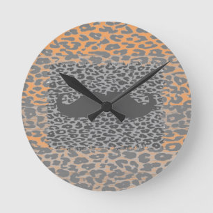 Gray Mustache and Leopard Print Round Clock