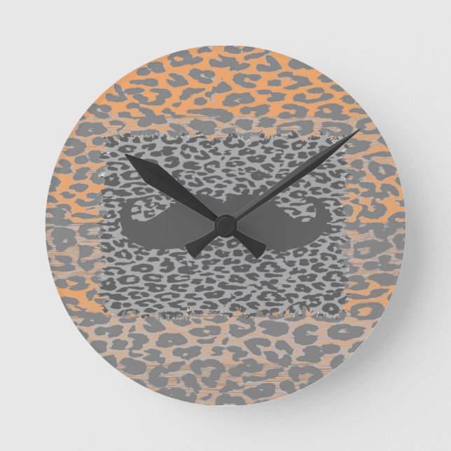 Gray Mustache and Leopard Print Round Clock (Front)