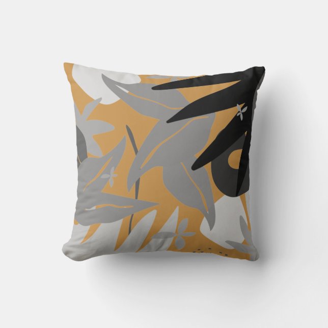 Gray & Mustard Artistic Abstract Botanical Throw Pillow (Front)