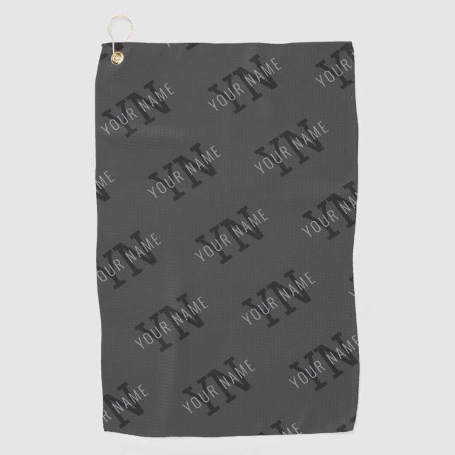 Gray Name & Monogram Pattern Golf Towel (Front)
