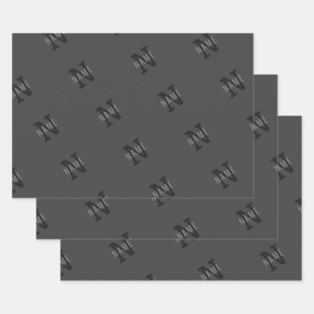 Gray Name & Monogram Pattern Wrapping Paper Sheets (Set)