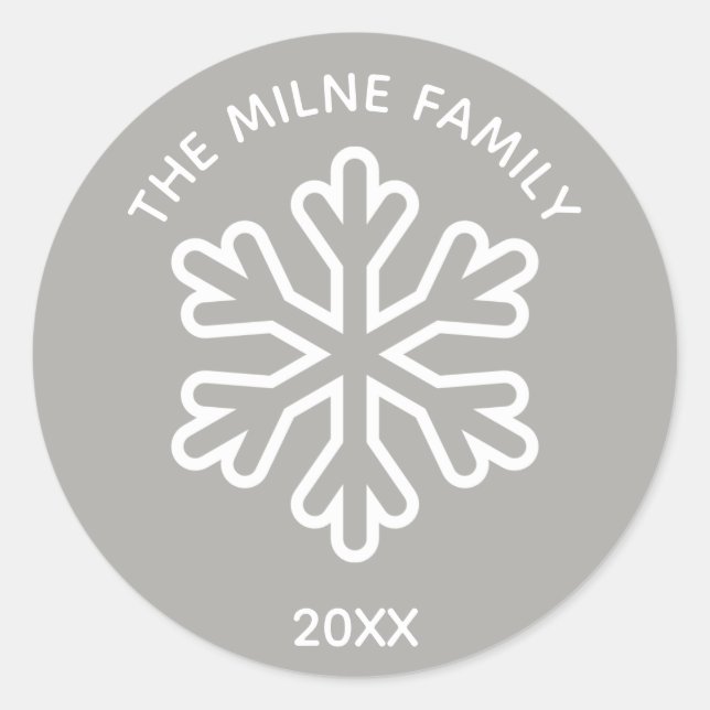 Gray Name/Year Snowflake - Circle Sticker (Front)