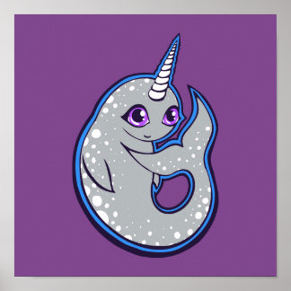 Gray Narwhal Whale With Spots Ink Drawing Design Poster