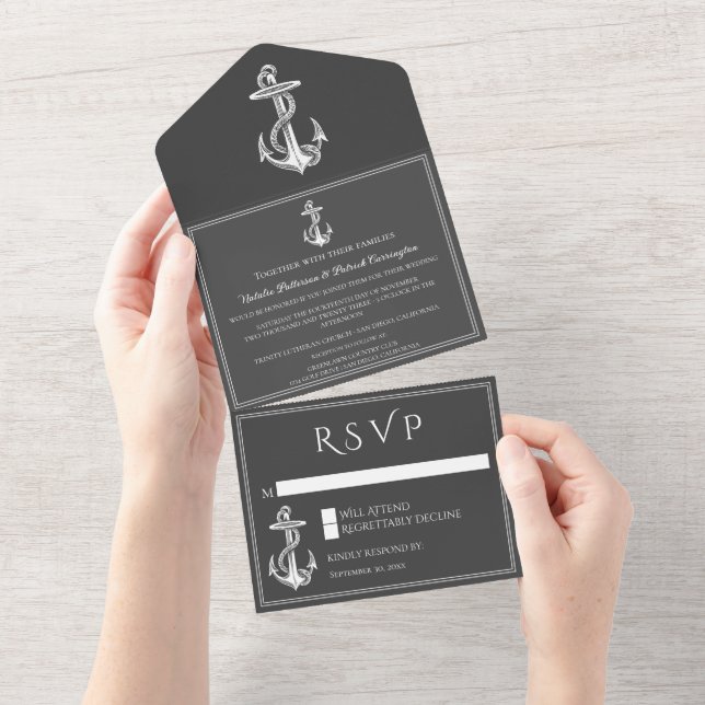 Gray Nautical Anchor All in One Wedding Invite (Tearaway)