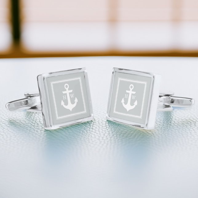 Gray Nautical Anchor and Framed Monogram Silver Cufflinks (Creator Uploaded)