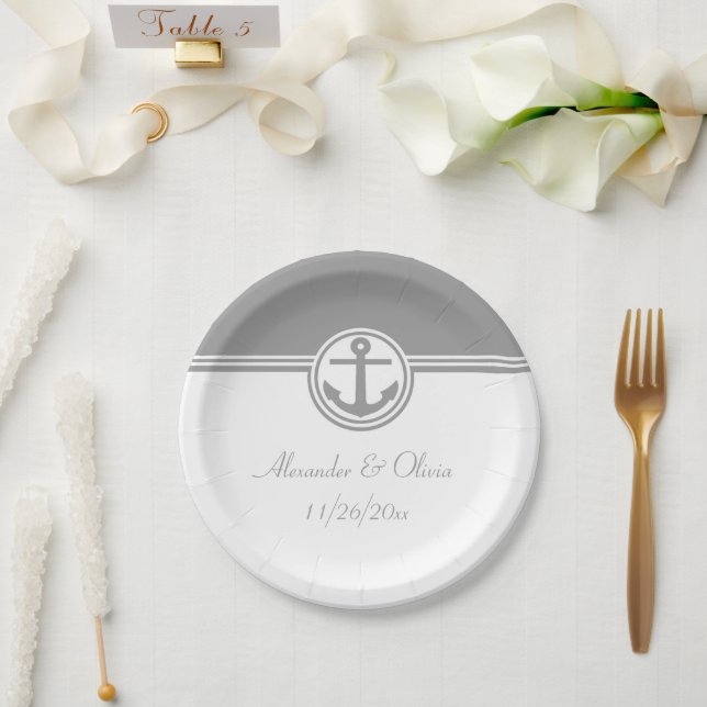 Gray Nautical Anchor Paper Plates (Wedding)