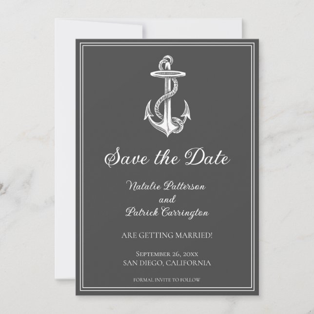 Gray Nautical Anchor Save the Date Invite (Front)