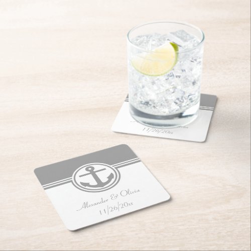 Gray Nautical Anchor Square Paper Coaster