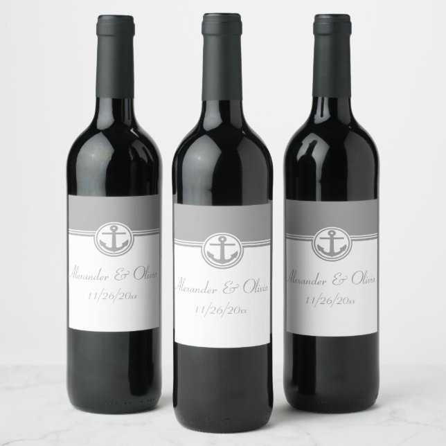 Gray Nautical Anchor Wine Label (Bottles)