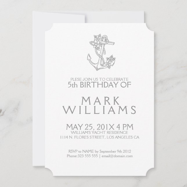 Gray Nautical Floral Anchor Birthday Party Invite (Front)