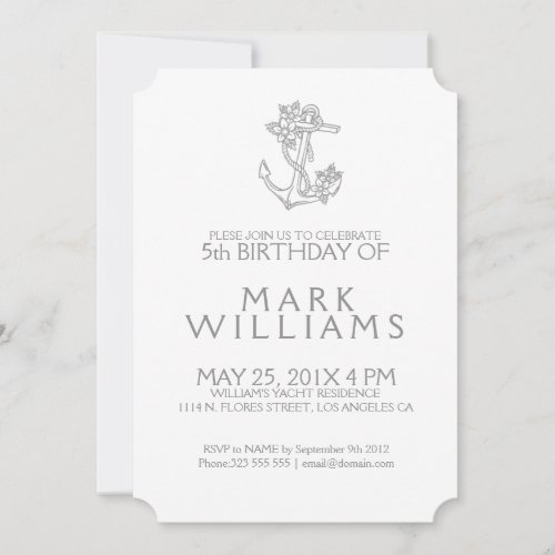 Gray Nautical Floral Anchor Birthday Party Invite