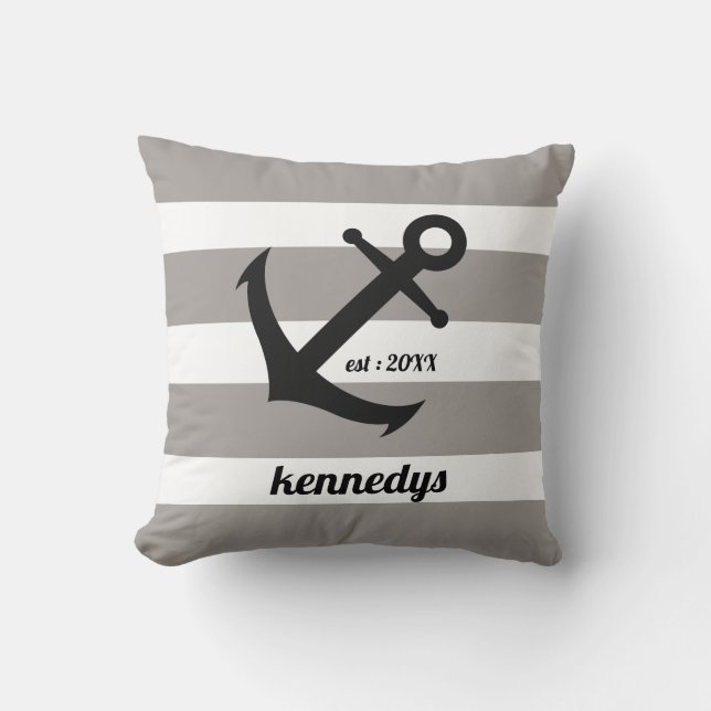 Gray Nautical Stripes Anchor Family Name Throw Pillow (Front)