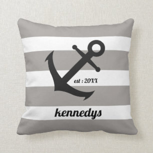 Gray Nautical Stripes Anchor Family Name Throw Pillow