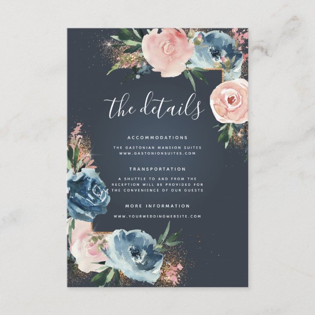 Gray, Navy Blue and Blush Floral Boho Glitter Enclosure Card (Front)