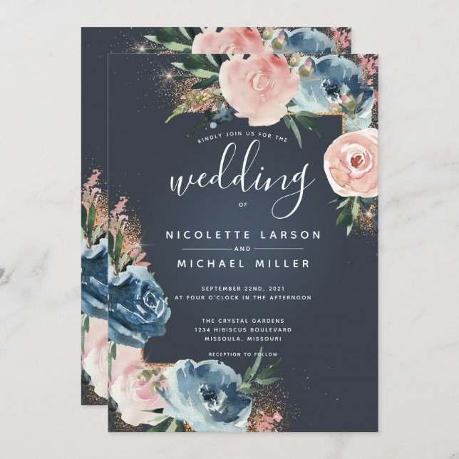 Gray, Navy Blue and Blush Floral Gold Glitter Invitation (Front/Back)