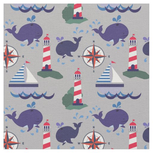 Gray, Navy Blue and Red, Whales | Nautical Fabric