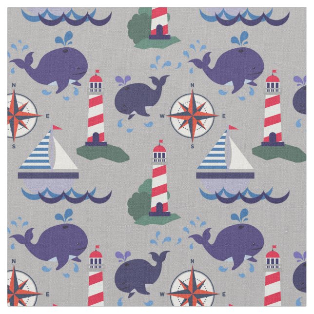 Gray, Navy Blue and Red, Whales | Nautical Fabric (Close Up)