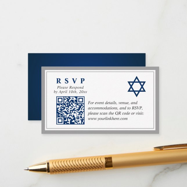 Gray Navy Blue Bar Mitzvah QR Code RSVP Budget  Enclosure Card (Front/Back In Situ)