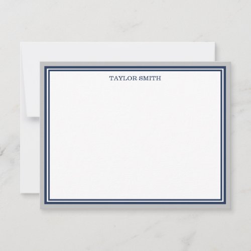 Gray  Navy Blue Borders Add Your Name Note Card