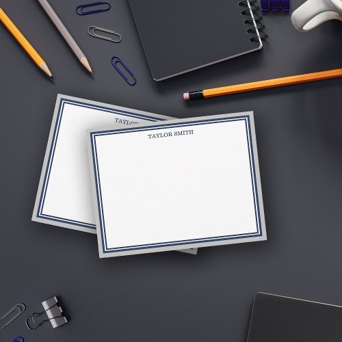 Gray  Navy Blue Borders Add Your Name Note Card