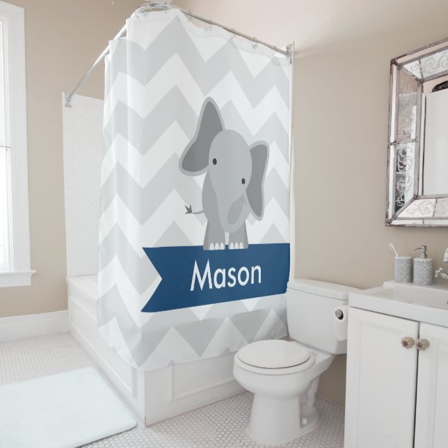 Gray Navy Blue Chevron Elephant Kids Personalized Shower Curtain (In Situ)