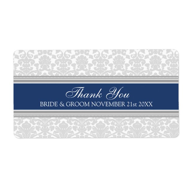 Gray Navy Blue Damask Wedding Labels (Front)