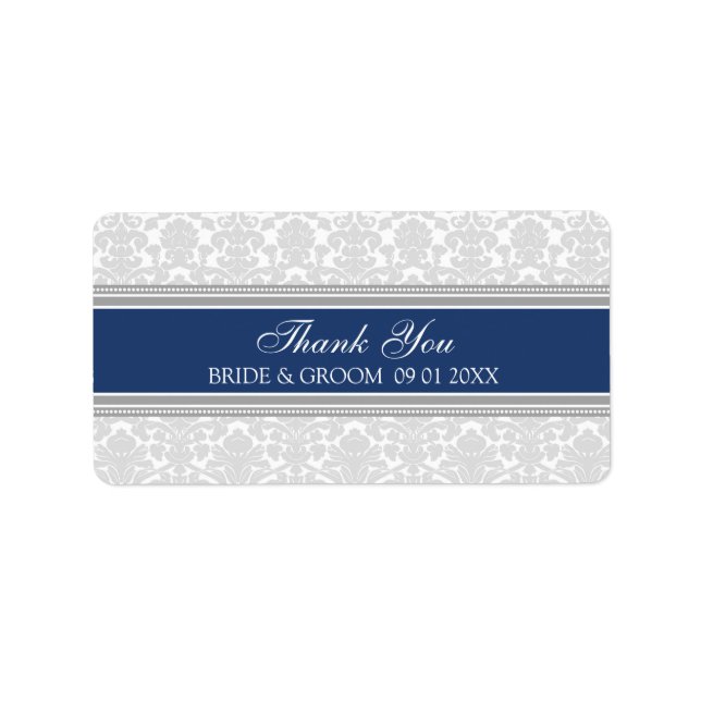 Gray Navy Blue Damask Wedding Labels (Front)