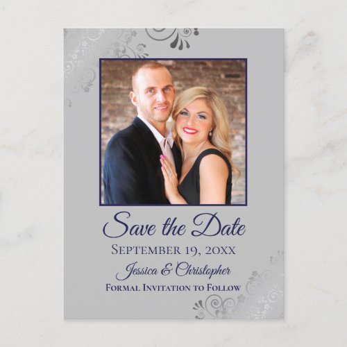 Gray  Navy Blue Lacy Wedding Save the Date Photo Announcement Postcard